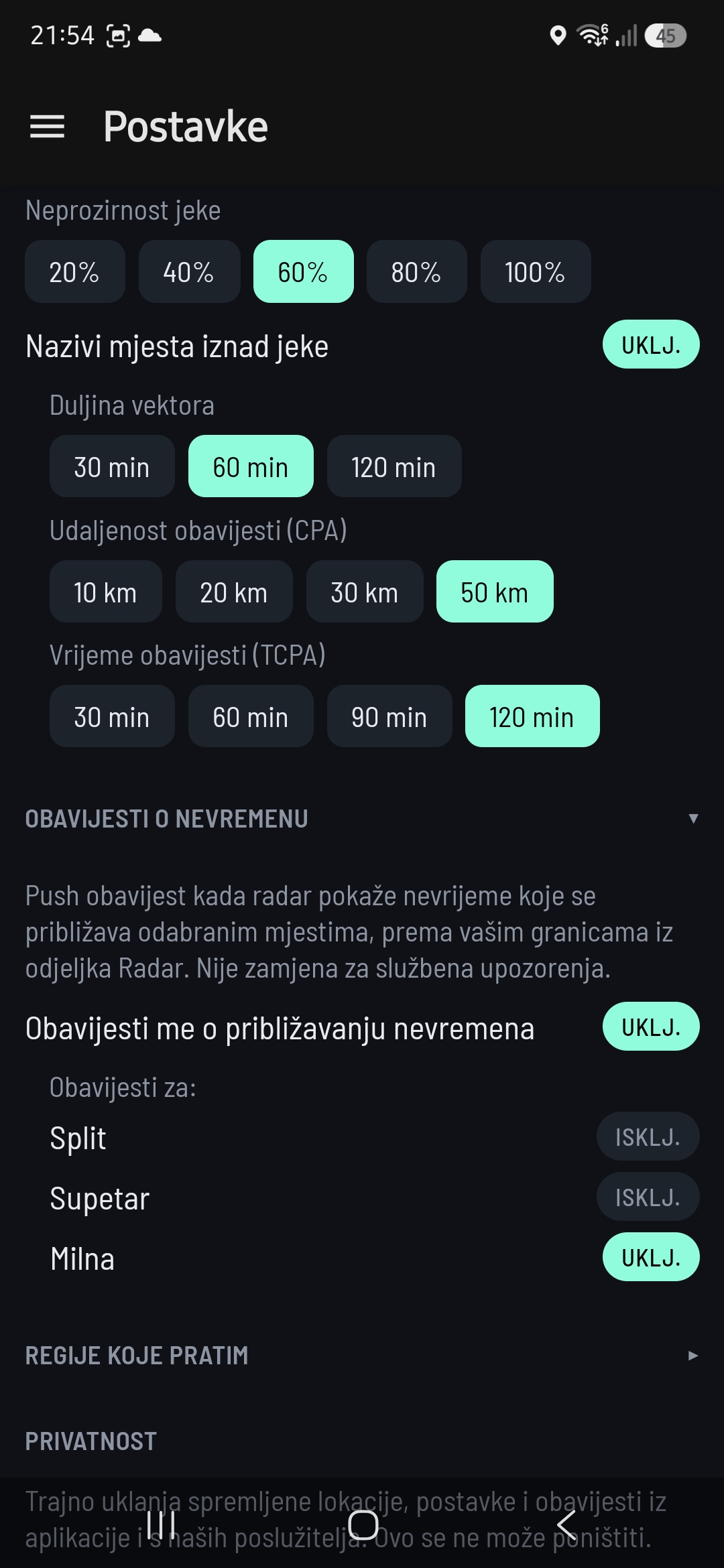 Radarske push notifikacije za nevrijeme